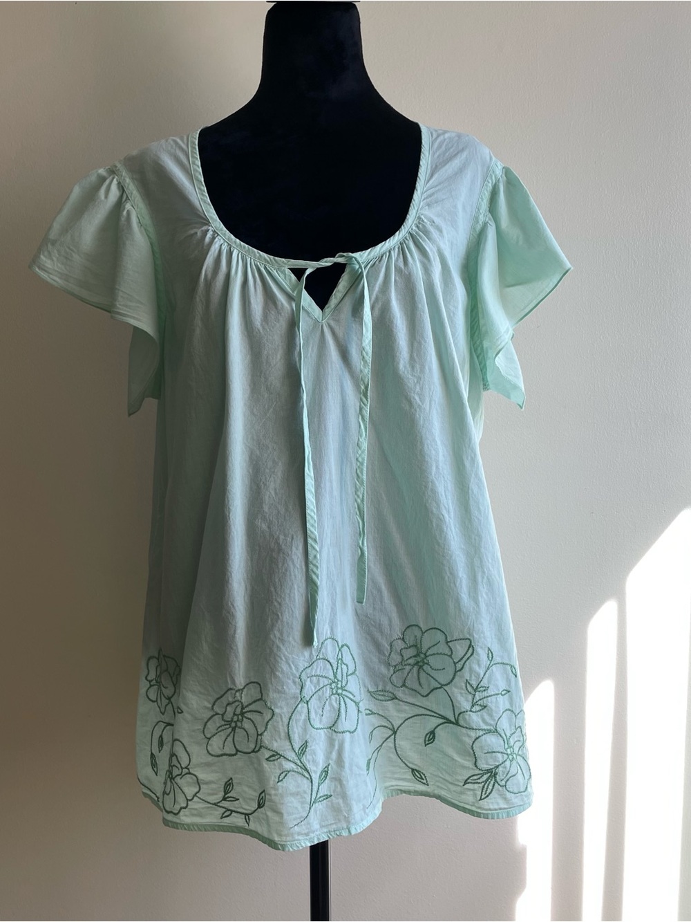 Faded Glory Mint Green Embroidered Floral Tunic Top 1X 100% Organic Cotton Boho